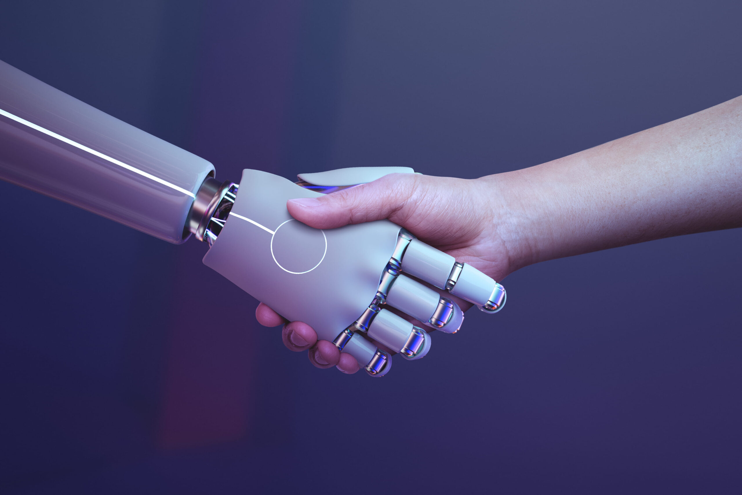 inteligência artificial e machine learning: humano e robô de mãos dadas
